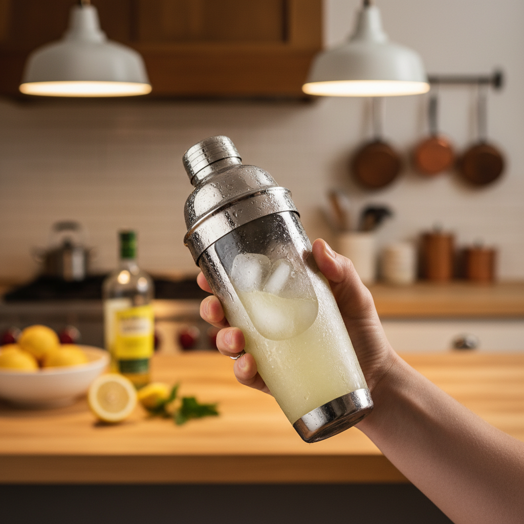 Cocktail shaker shaking Amalfi Martini with ice