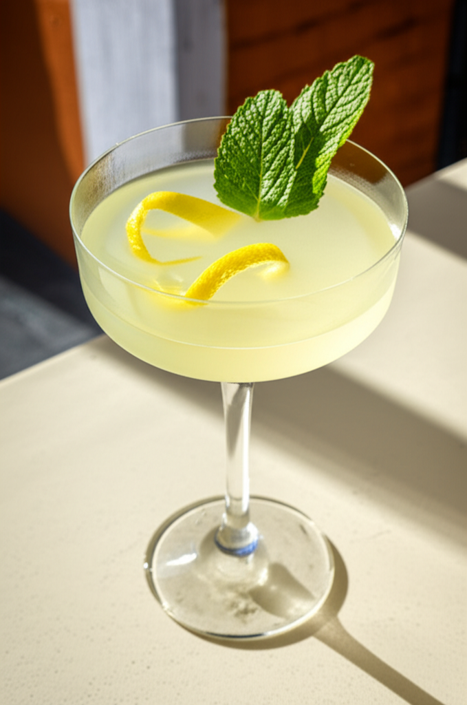 Amalfi Martini in glass with lemon and mint garnish