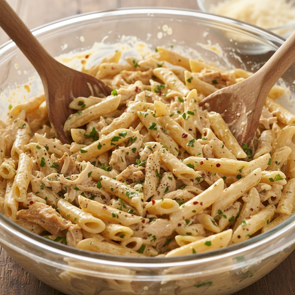 Mixing rotisserie chicken with cream soup and spices in a bowl