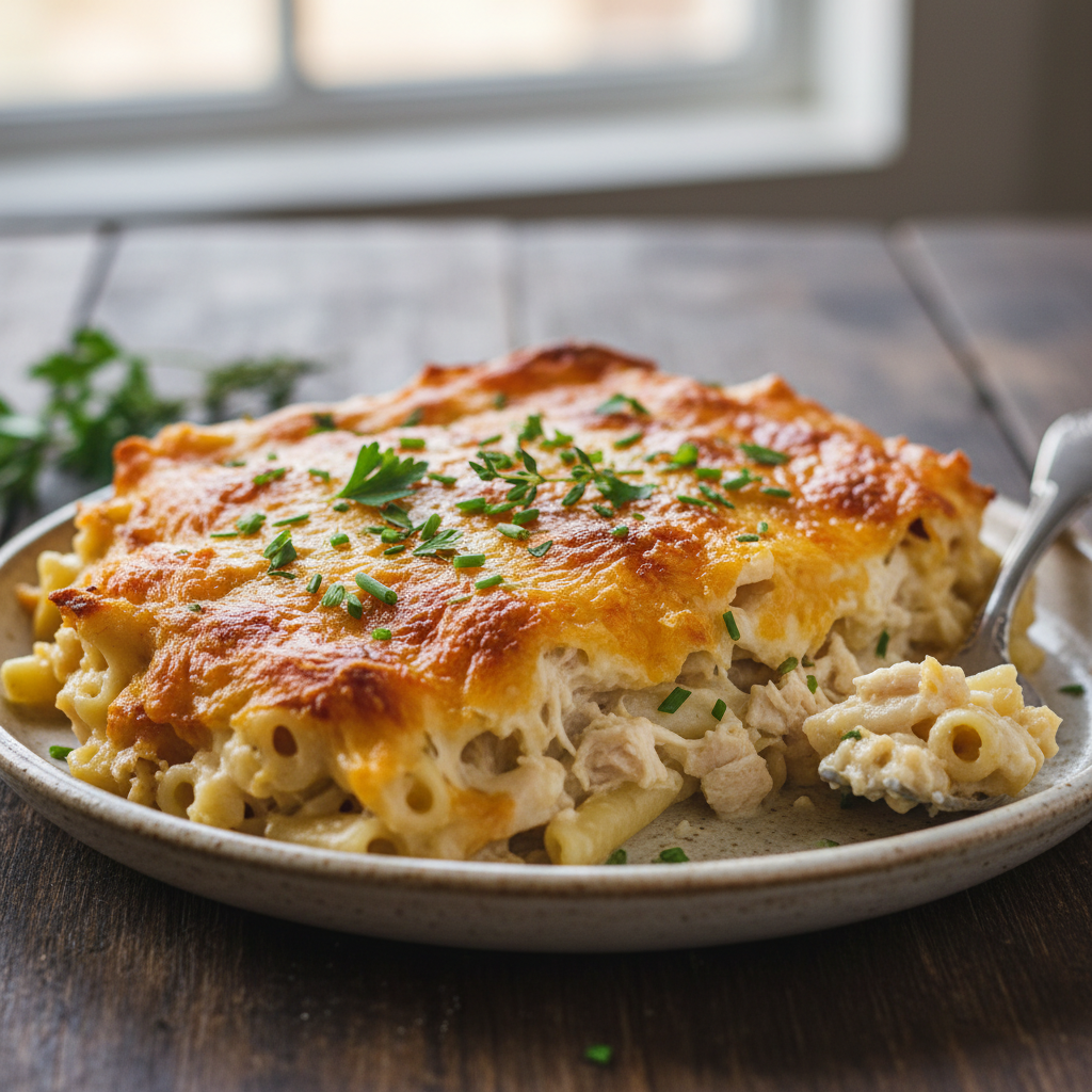 Rotisserie chicken casserole served with green salad and bread