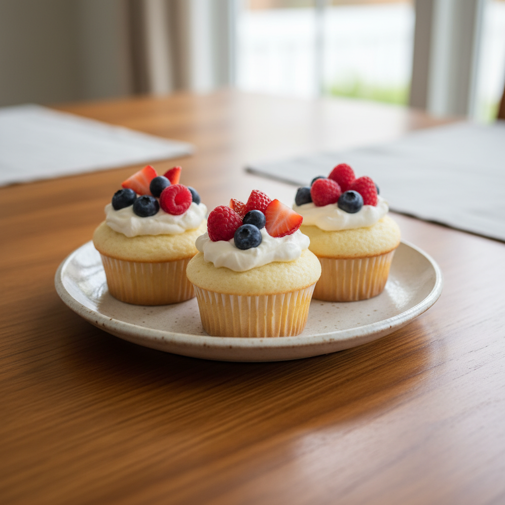 Decorated Angel Food Cupcakes with whipped cream and berries