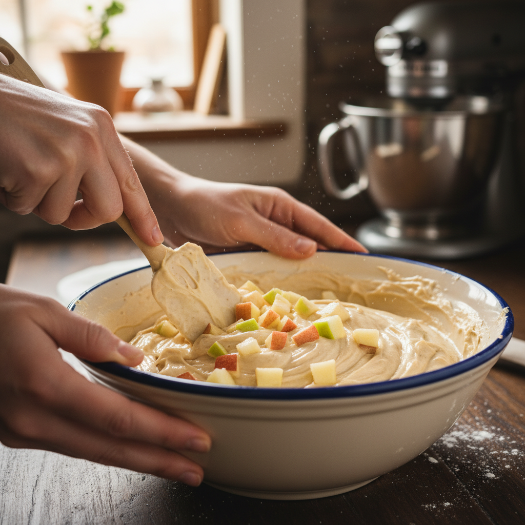 Preparing apple cinnamon coffee cake batter