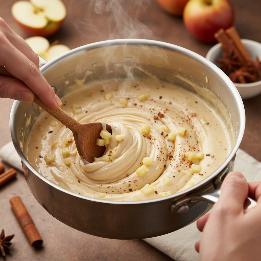 Mixing fudge ingredients in saucepan