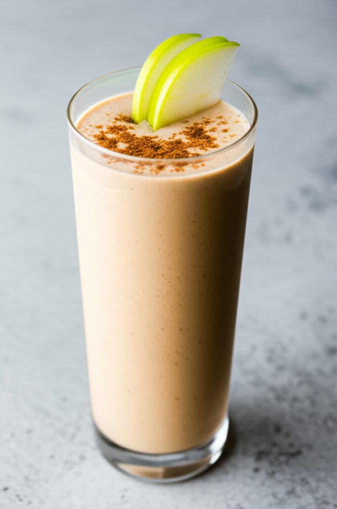 Apple Pie Cinnamon Protein Smoothie in a glass with ingredients