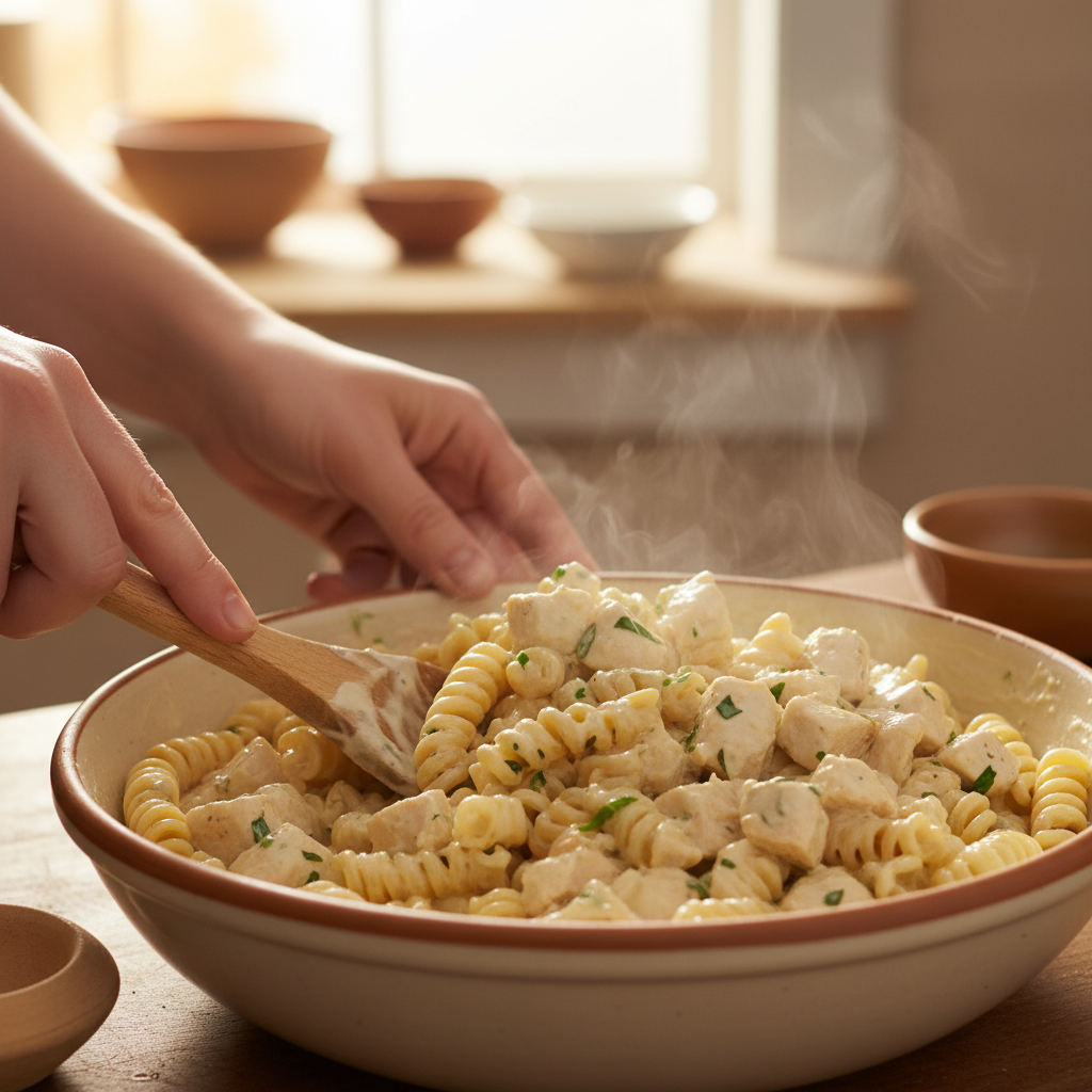 Mixing chicken and pasta ingredients in skillet