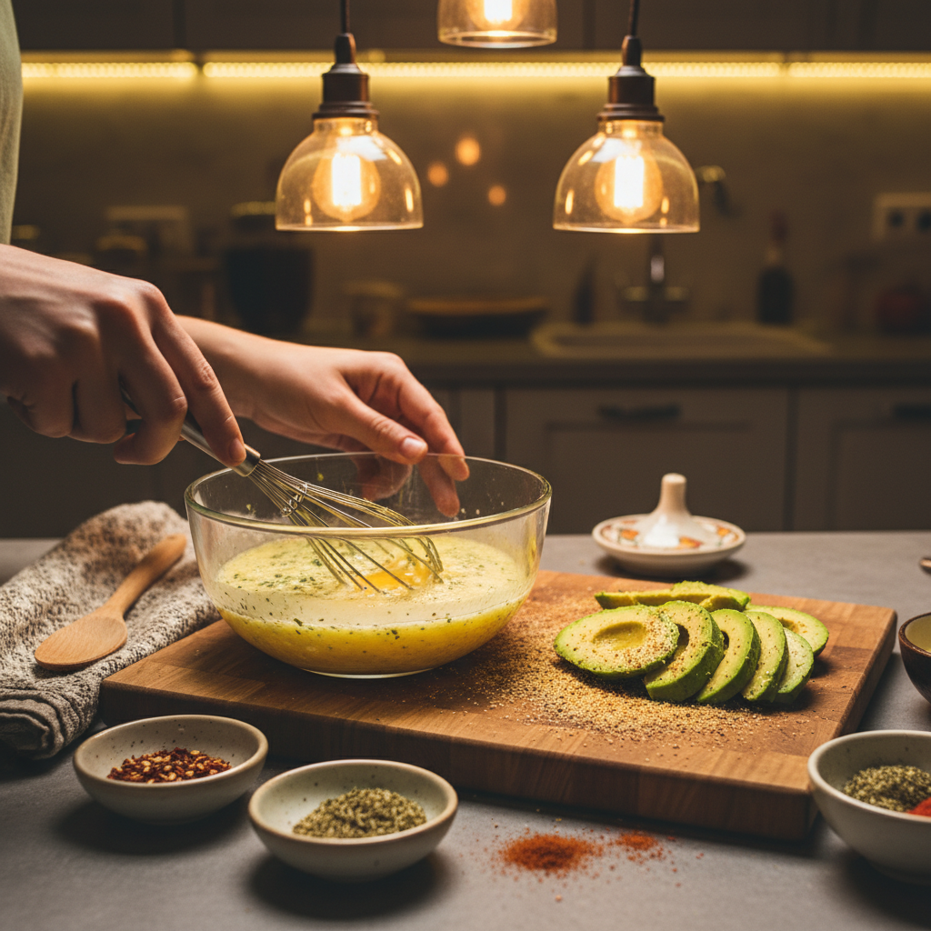 Preparing avocado and scrambled eggs