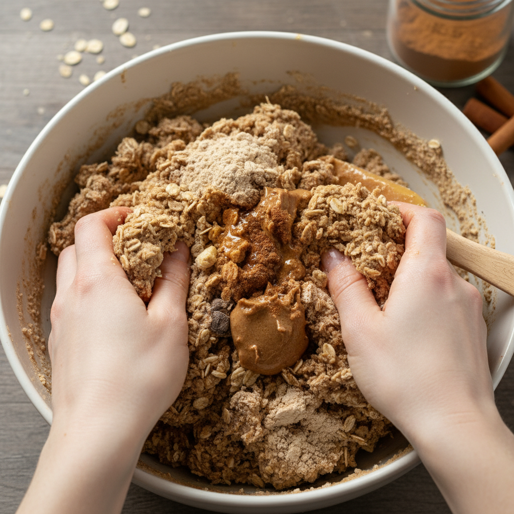 Mixing wet and dry ingredients for Apple Pie Protein Balls