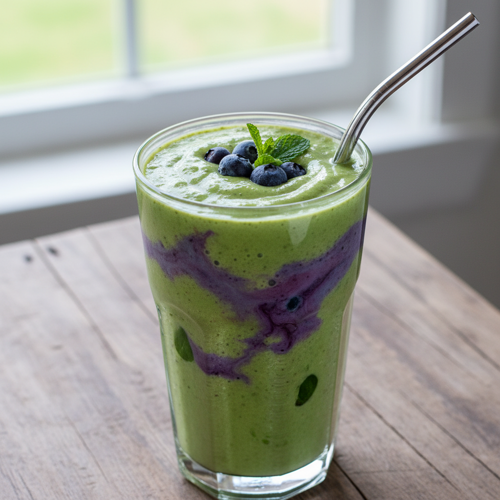 Refreshing avocado banana spinach blueberry smoothie in glass