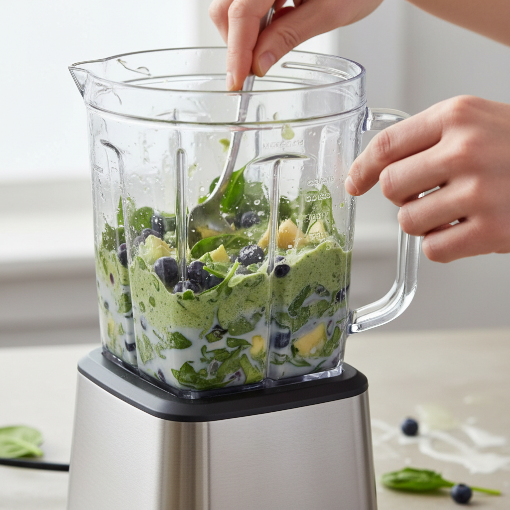 Adding frozen blueberries to smoothie blender