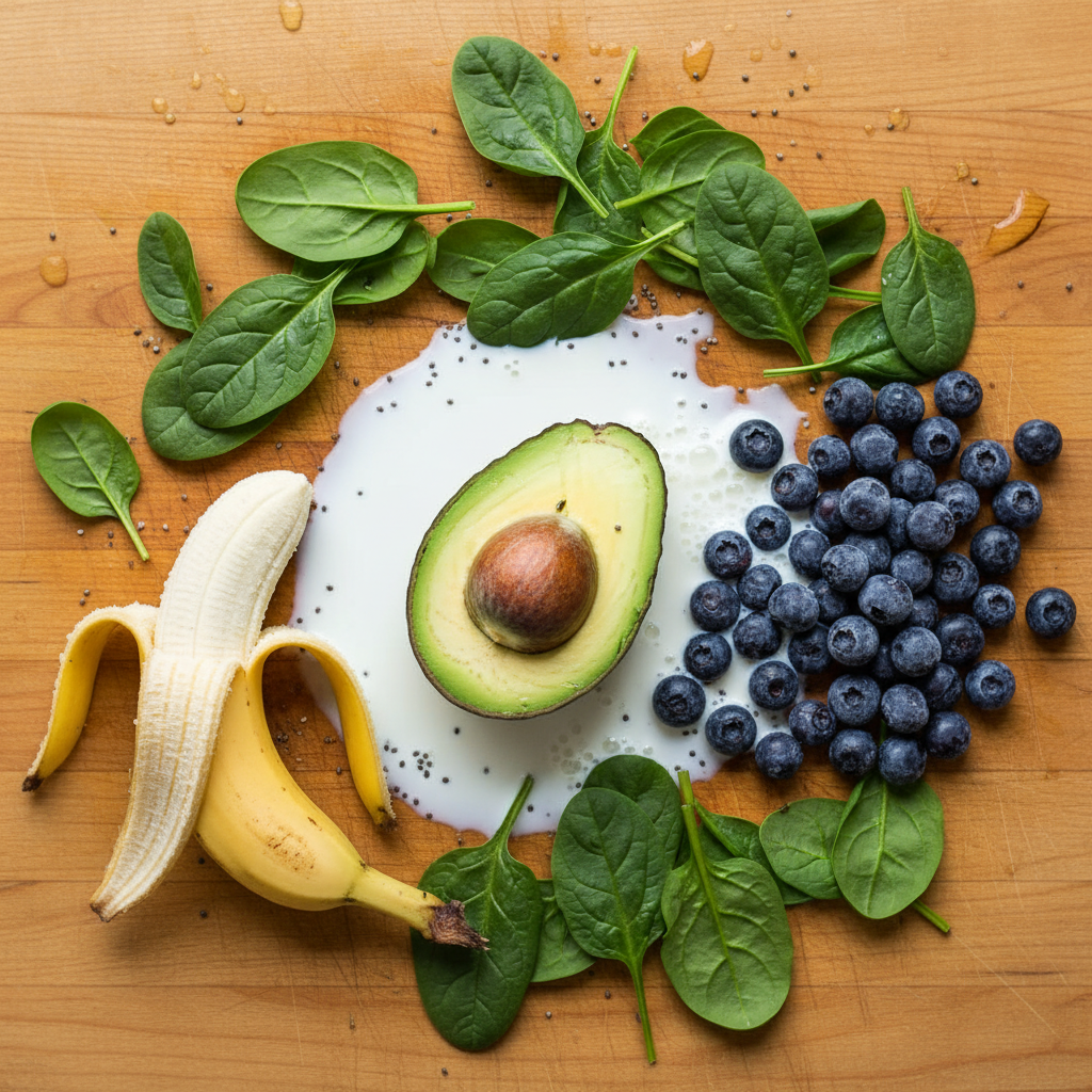 Ingredients for avocado banana spinach blueberry smoothie