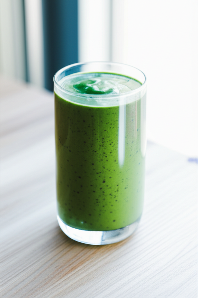 Avocado banana spinach blueberry smoothie in a glass