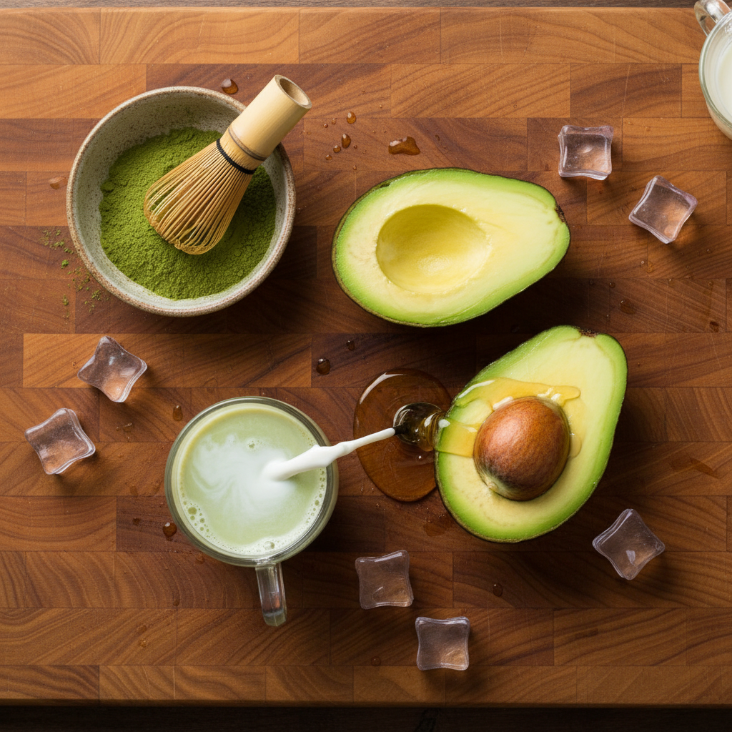 Ingredients for Avocado Matcha Milk Tea