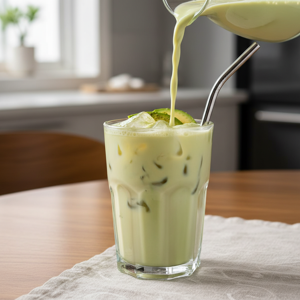 Avocado Matcha Milk Tea served with snack