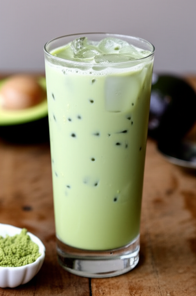 Avocado Matcha Milk Tea Drink with Spoon and Straw