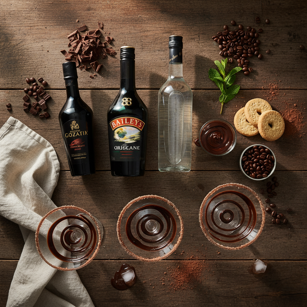 Ingredients for Baileys Chocolate Martini on a countertop