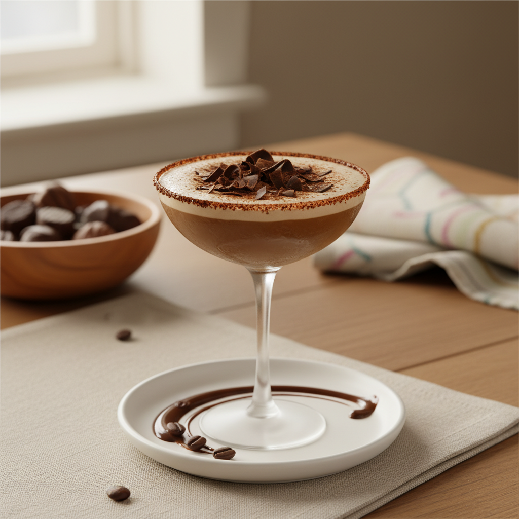 Baileys Chocolate Martini in a decorated glass with chocolate swirls