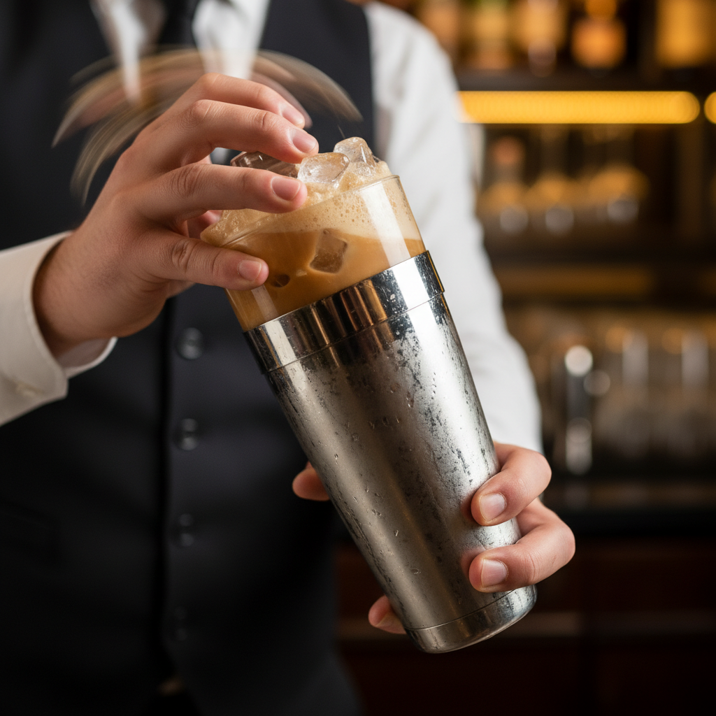 Cocktail shaker and martini glass ready for mixing Baileys Chocolate Martini