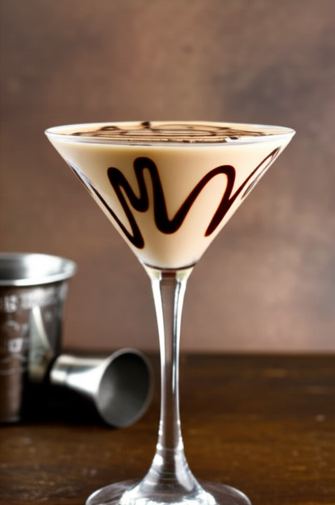 Baileys Chocolate Martini glass with chocolate garnish