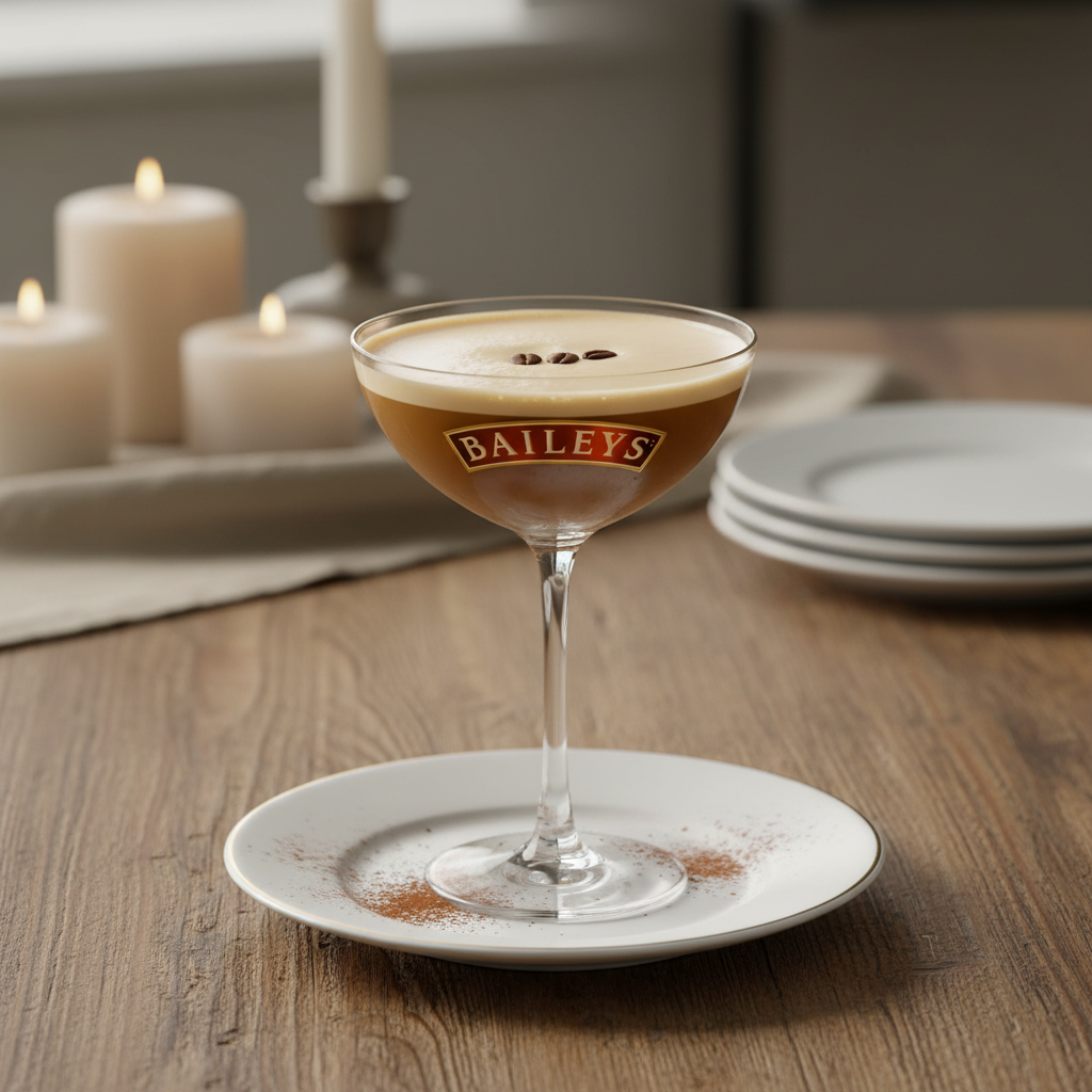 Freshly made Baileys Espresso Martini with foam and coffee bean garnish