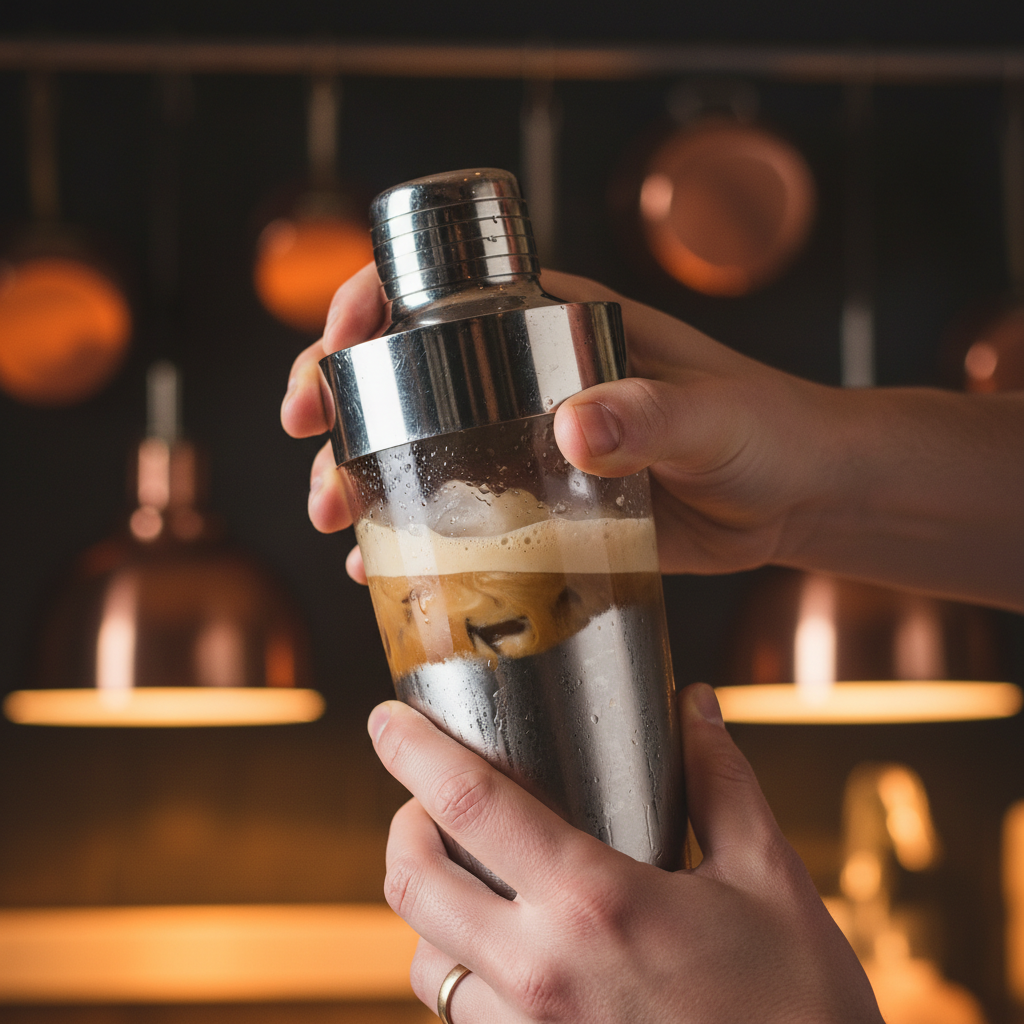 Cocktail shaker shaking Baileys Espresso Martini ingredients