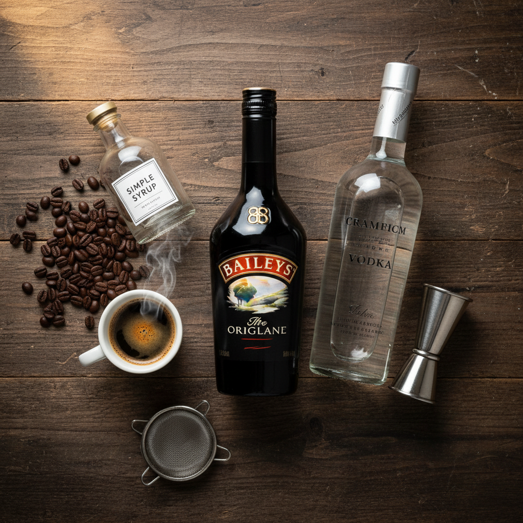 Ingredients for Baileys Espresso Martini on a table