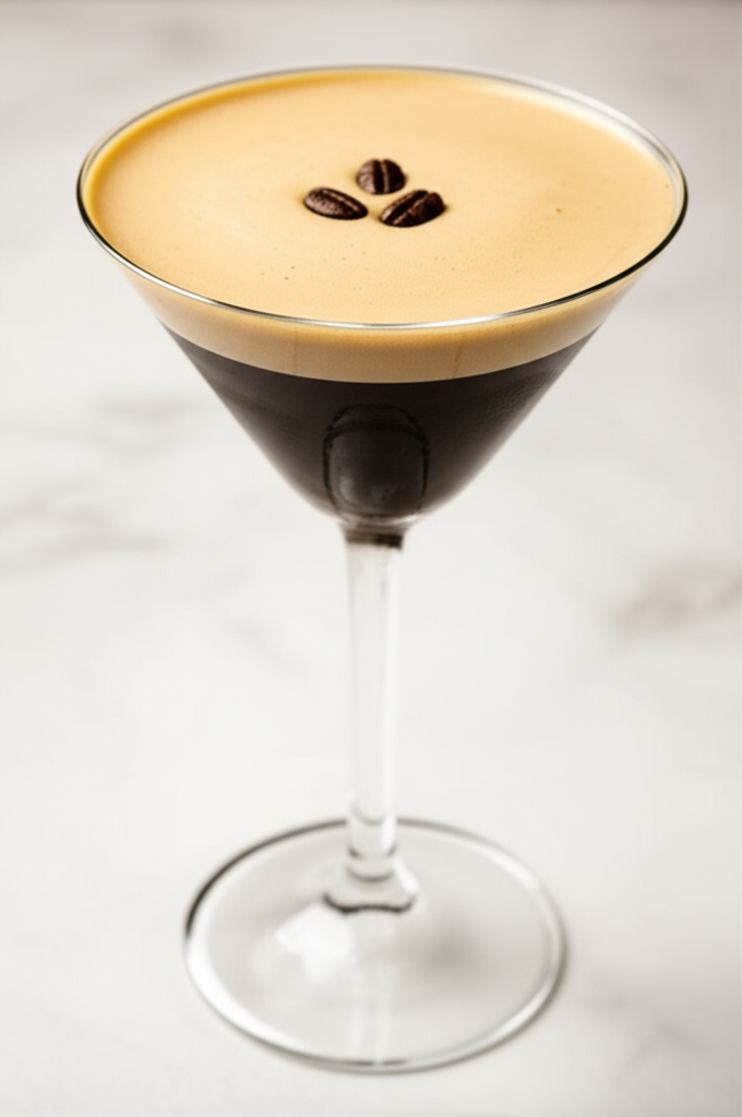Baileys Espresso Martini drink in a martini glass with coffee beans decoration