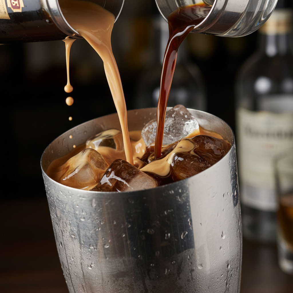 Adding ingredients to cocktail shaker