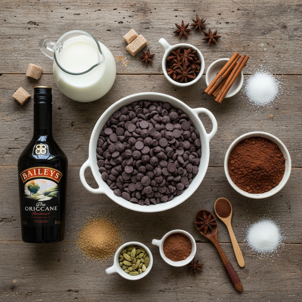 Ingredients including milk, chocolate chips and Baileys