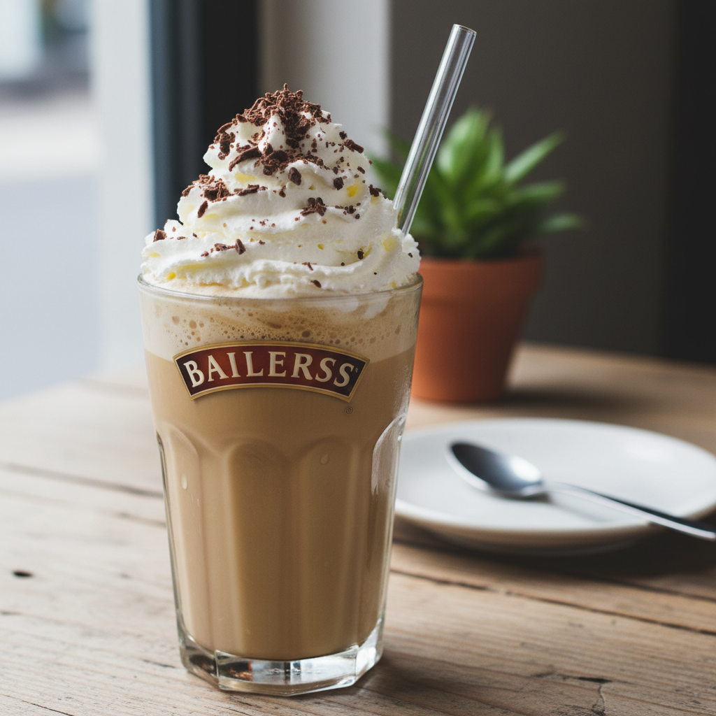 Served Baileys Iced Coffee with whipped cream and toppings
