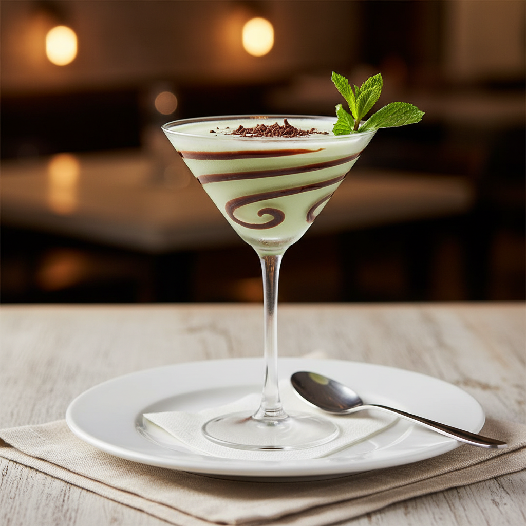 Served Baileys Mint Martini with chocolate shavings and mint garnish