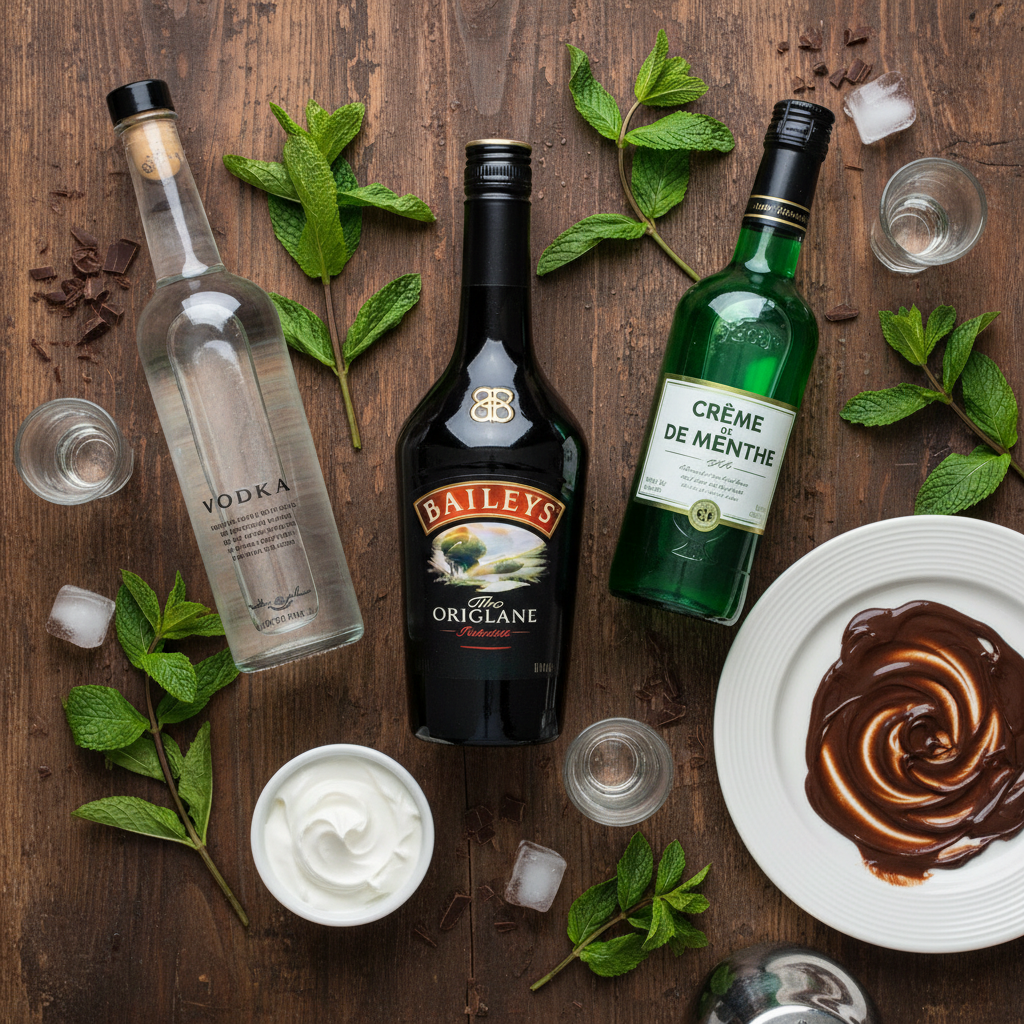 Ingredients for Baileys Mint Martini displayed on a surface