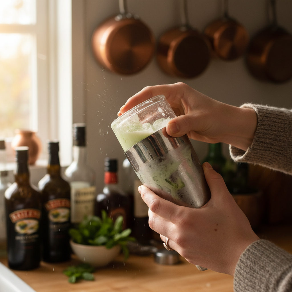Cocktail shaker filled with ingredients and ice being shaken