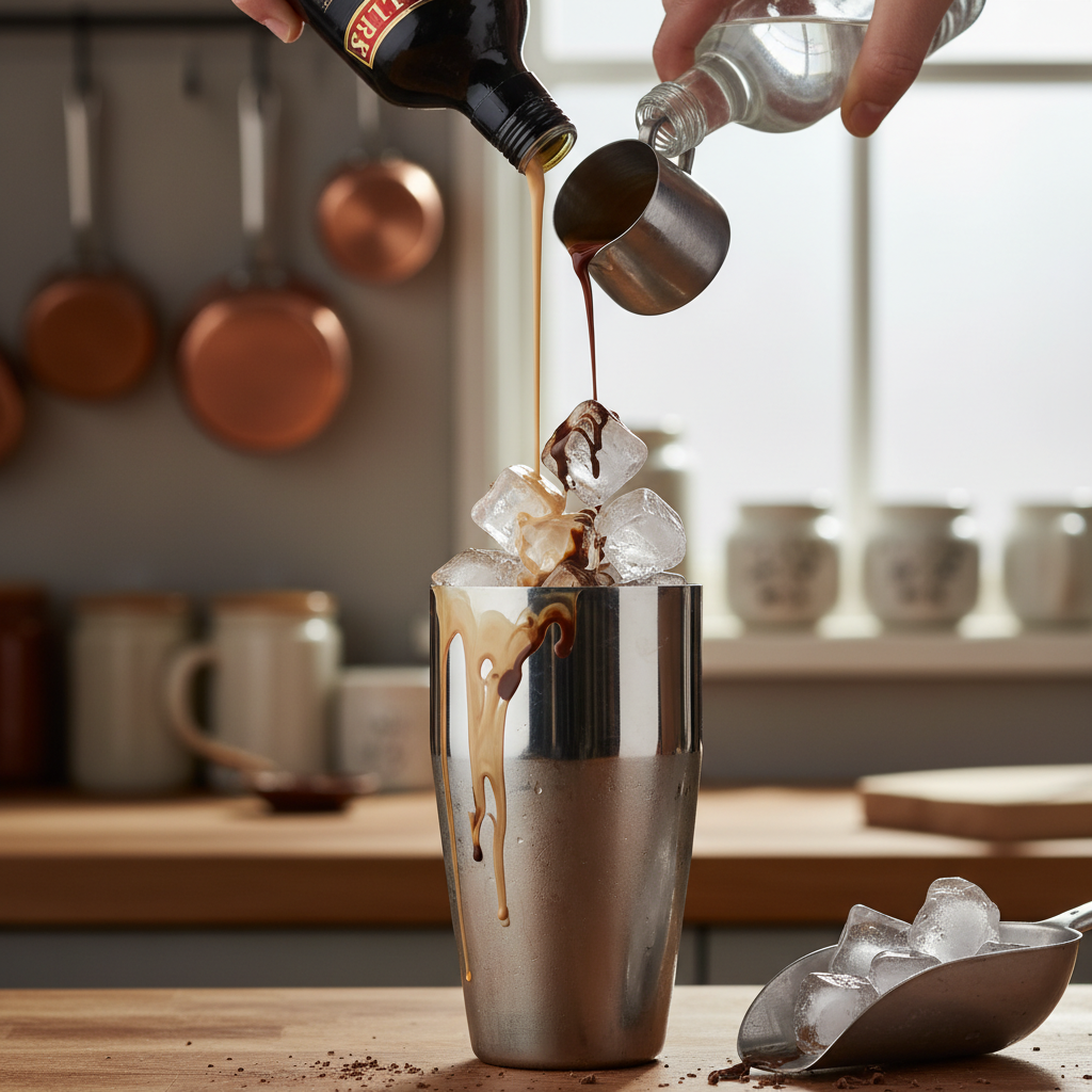 Cocktail shaker with ingredients for Baileys Mocha Martini