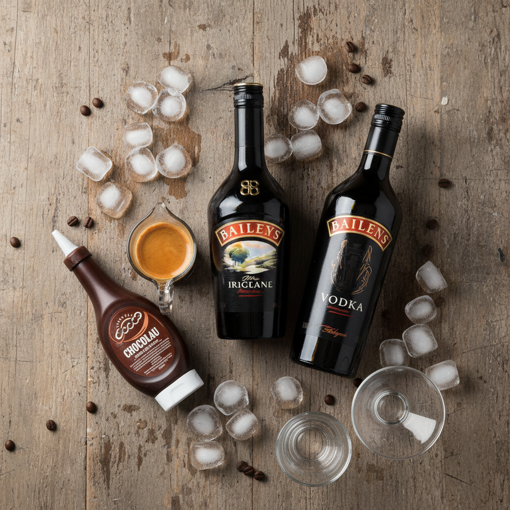 Ingredients for Baileys Mocha Martini laid out on table