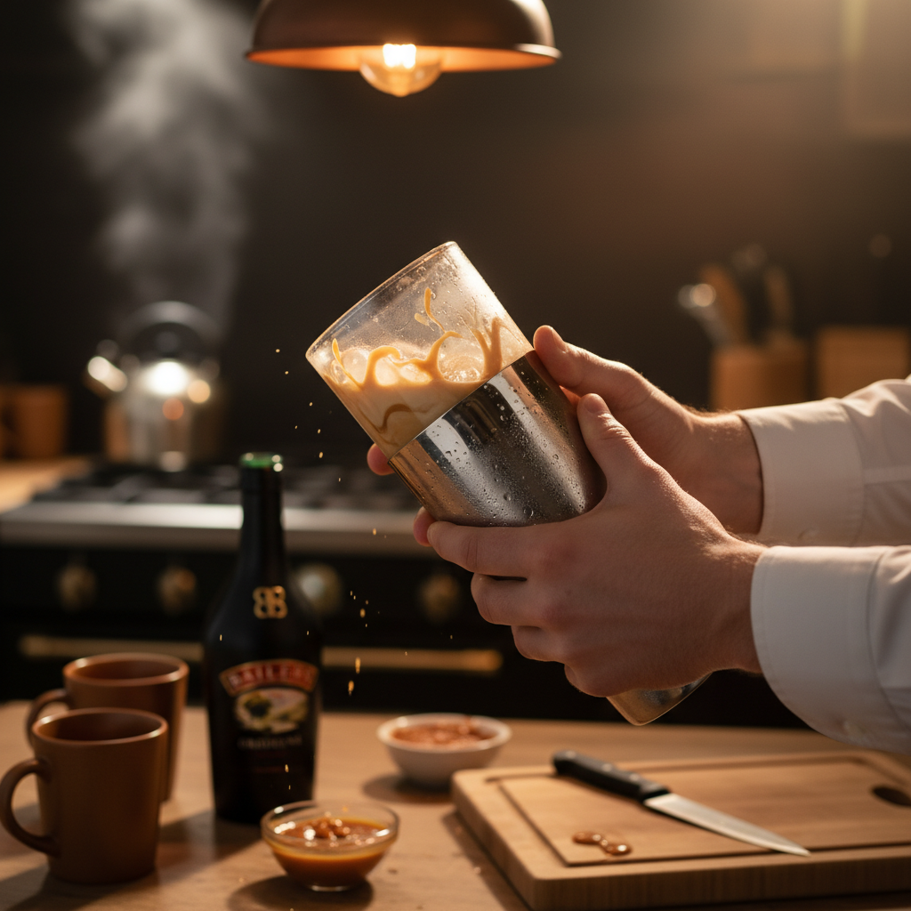 Cocktail shaker with Baileys Salted Caramel Martini ingredients being shaken