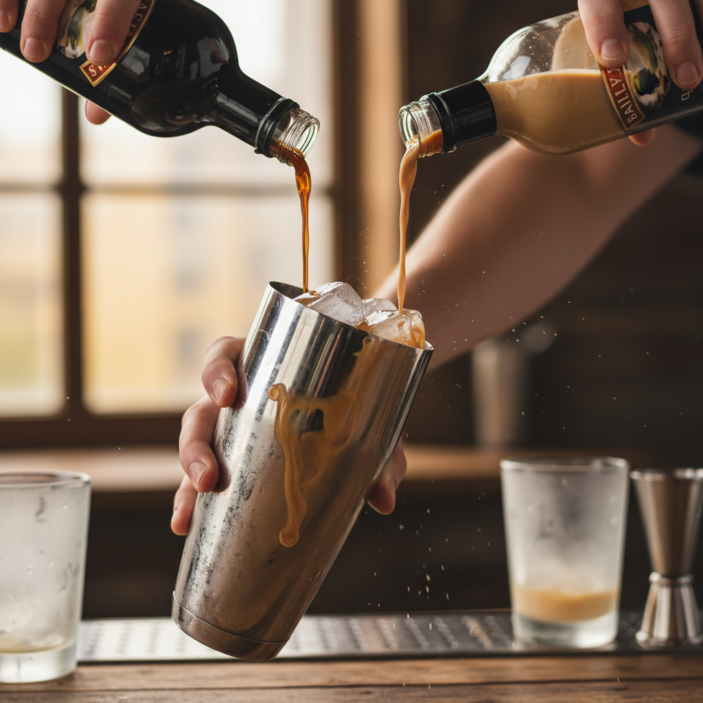 Cocktail shaker with ingredients for Baileys Tiramisu Martini