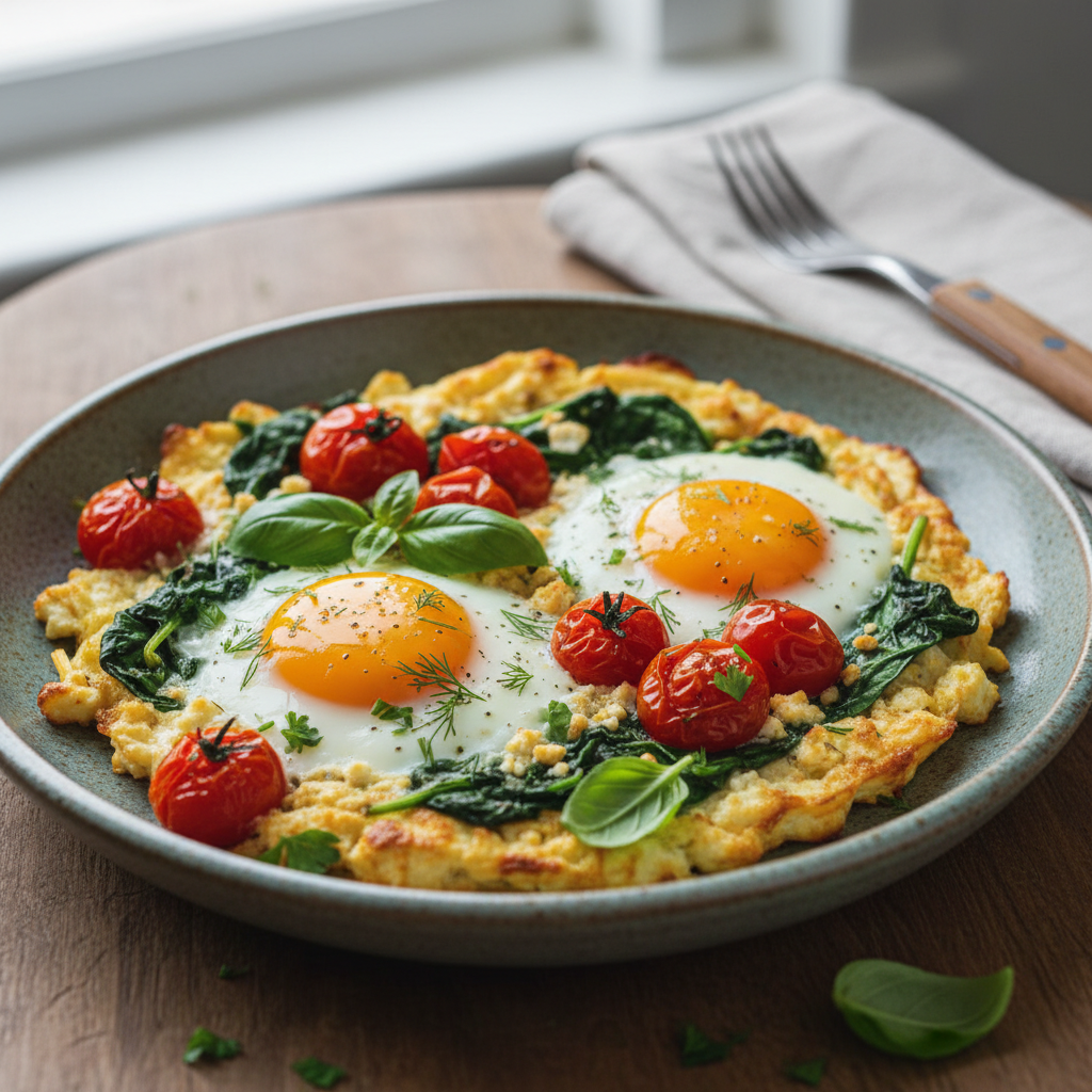 Baked feta eggs served with herbs and bread