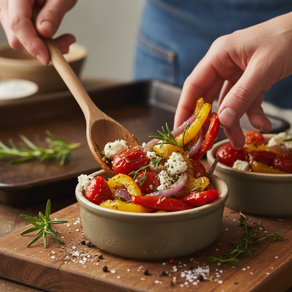 Feta and vegetables mixed with spices in baking dishes