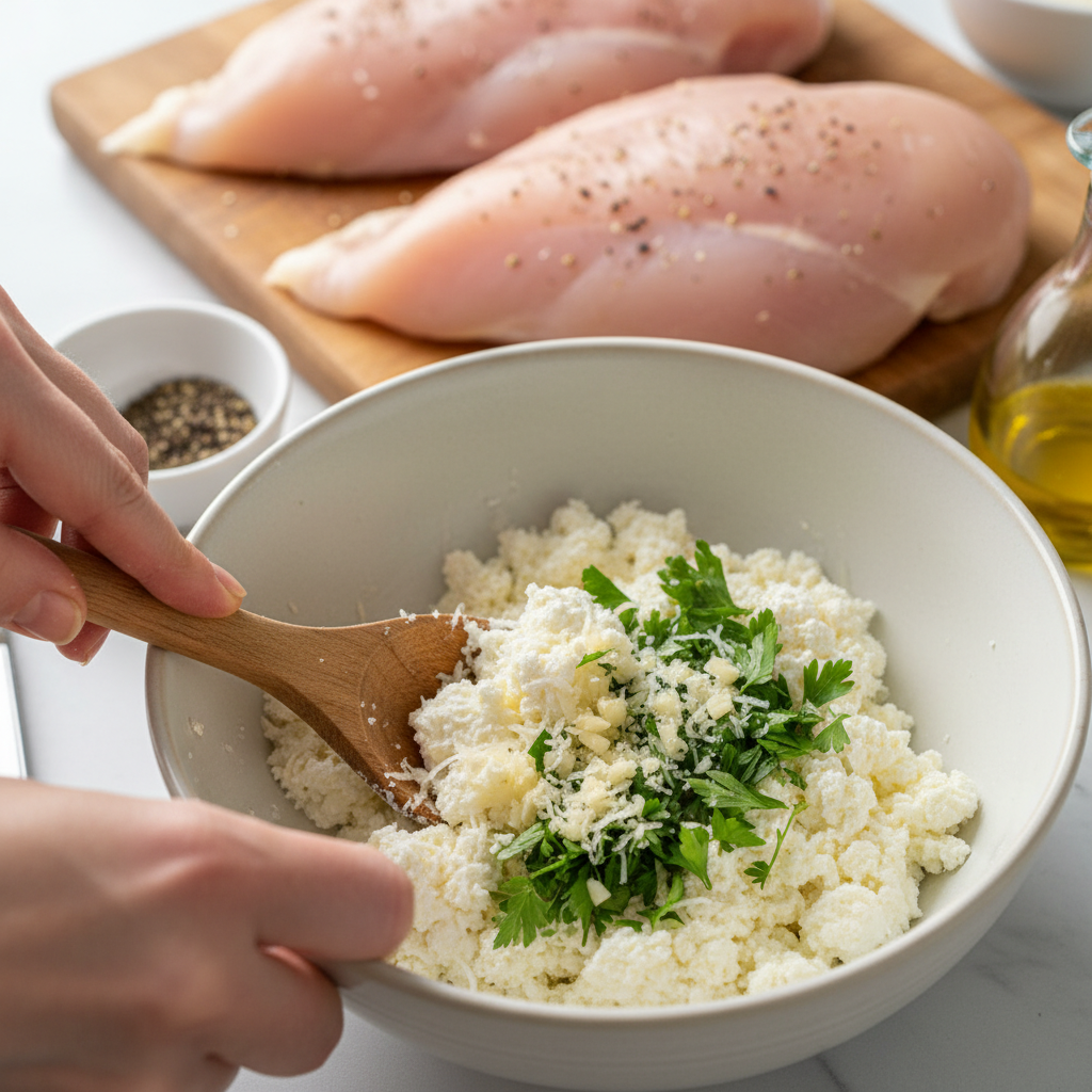 Mixing ricotta cheese, parmesan, garlic, and herbs in bowl
