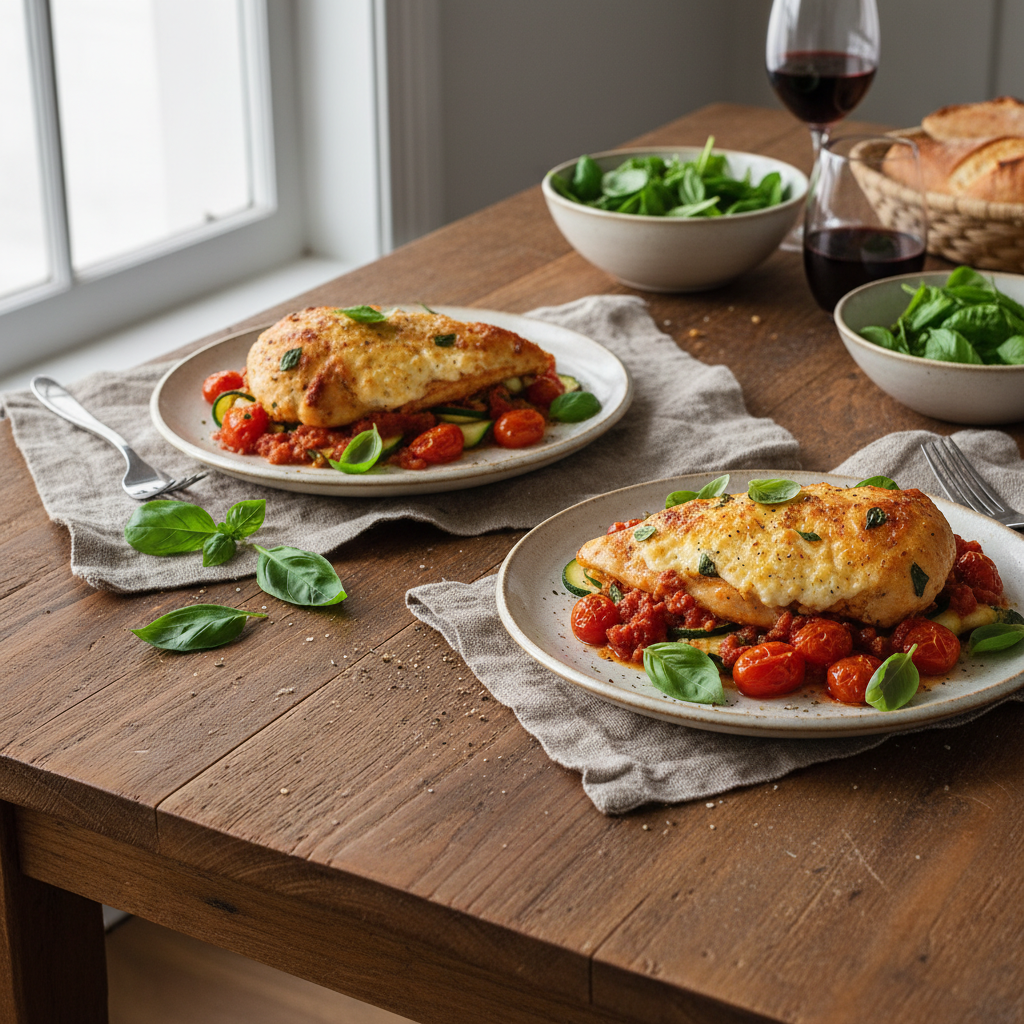 Baked Ricotta Chicken cooked and served with basin herbs