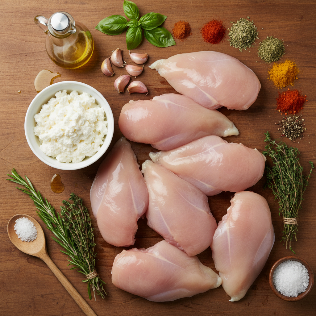Ingredients for Baked Ricotta Chicken including chicken breasts, cheese, herbs