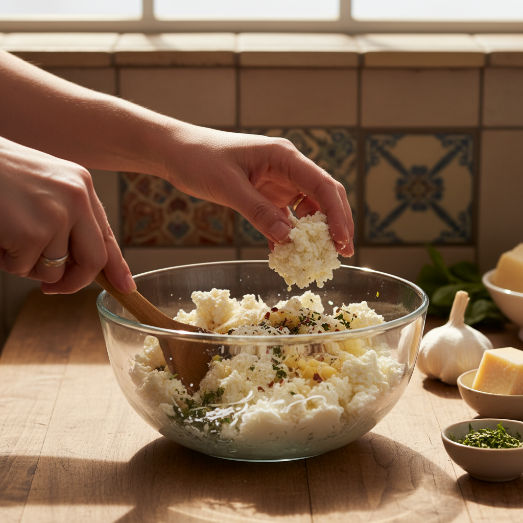 Mixing ricotta and parmesan in bowl