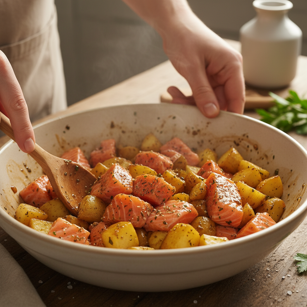 Preparing salmon fillets with teriyaki sauce