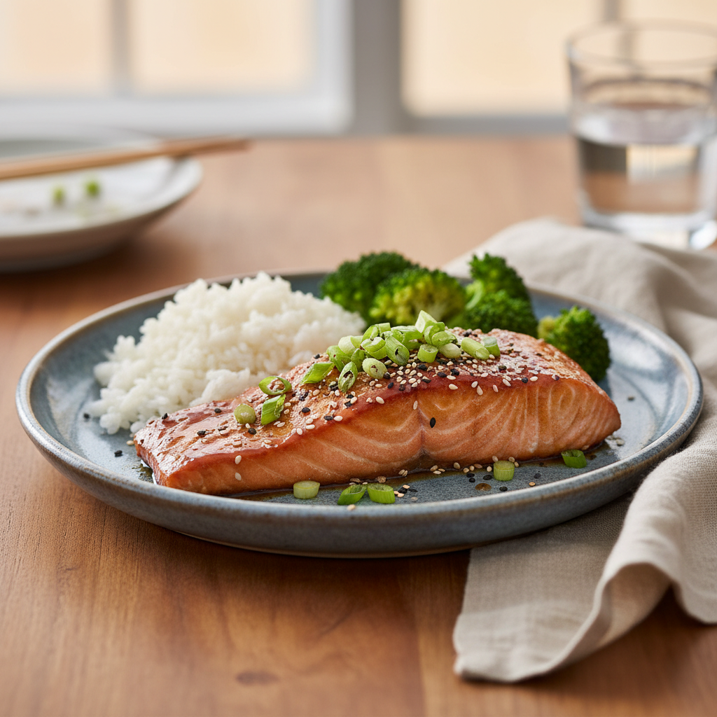 Delicious plated Baked Teriyaki Salmon close-up