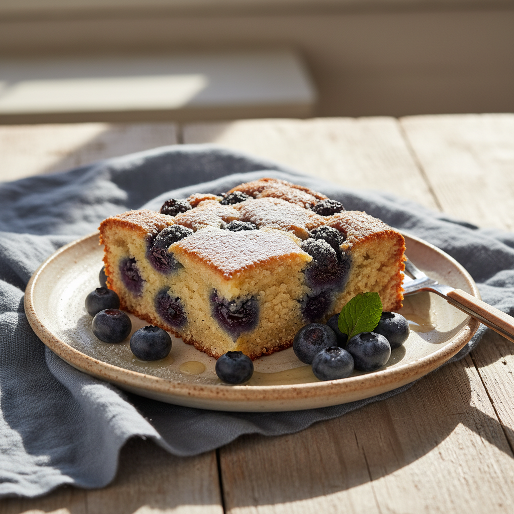 Coating blueberries with flour and mixing into batter