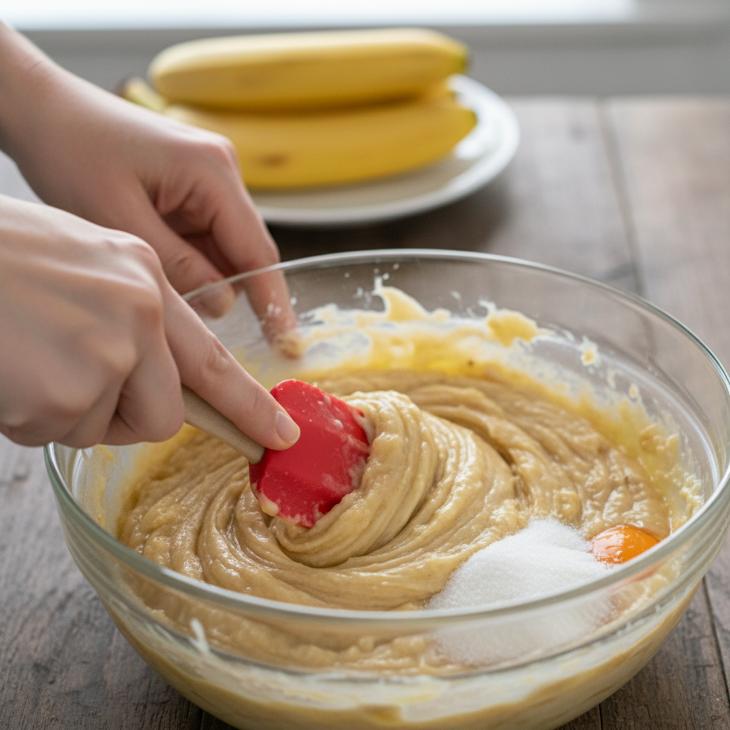 Mixing ingredients for banana bars