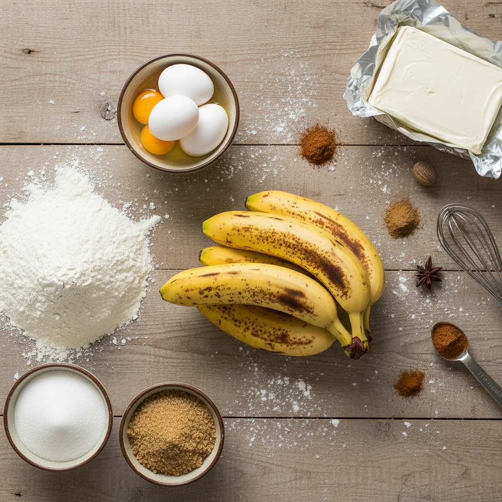 Ingredients for banana bars and cream cheese frosting