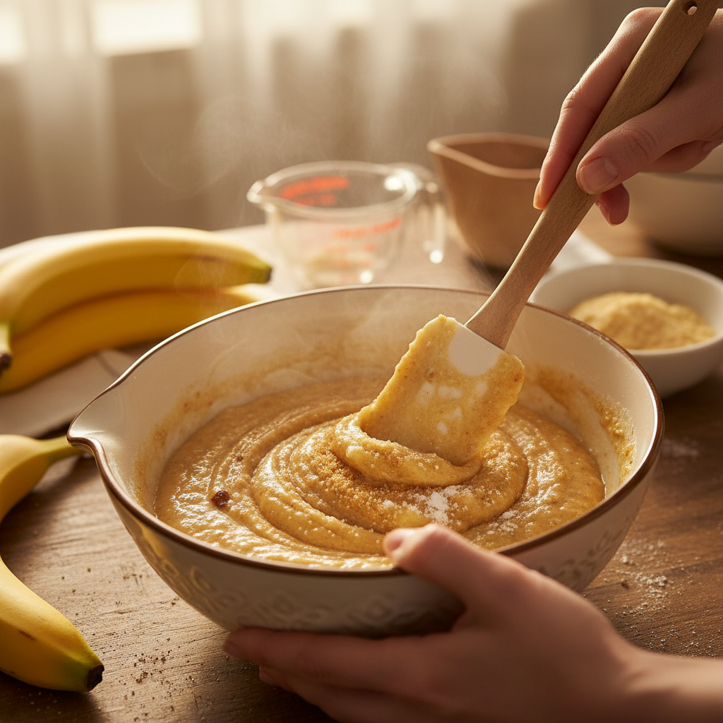 Mixing wet and dry ingredients for banana blondies in a bowl