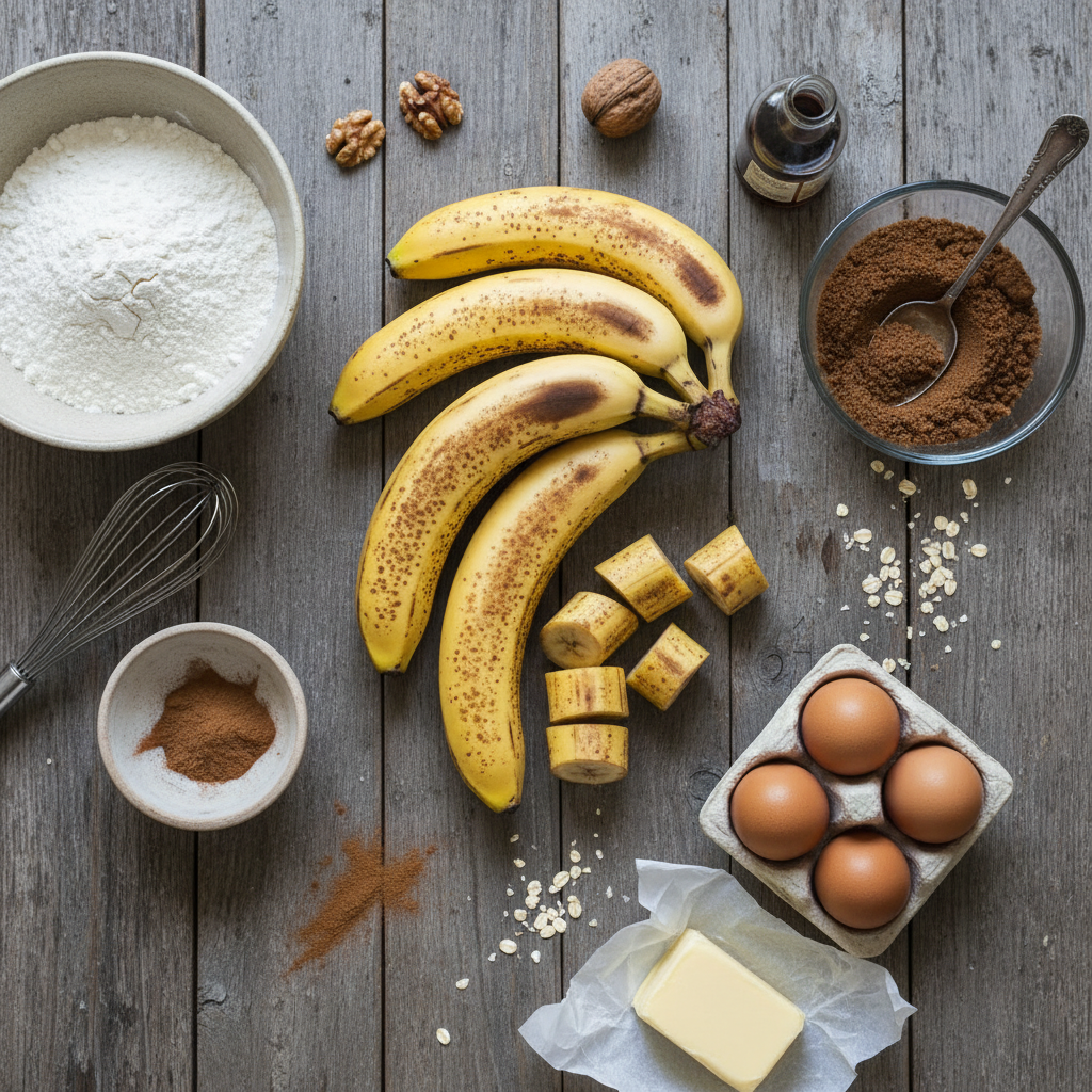 Ingredients for banana blondies laid out on a kitchen counter