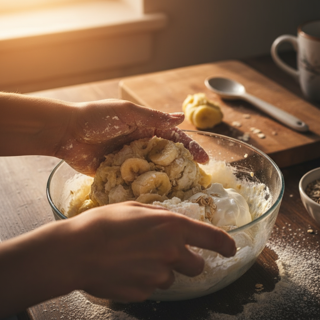 Mixing banana cinnamon roll dough ingredients